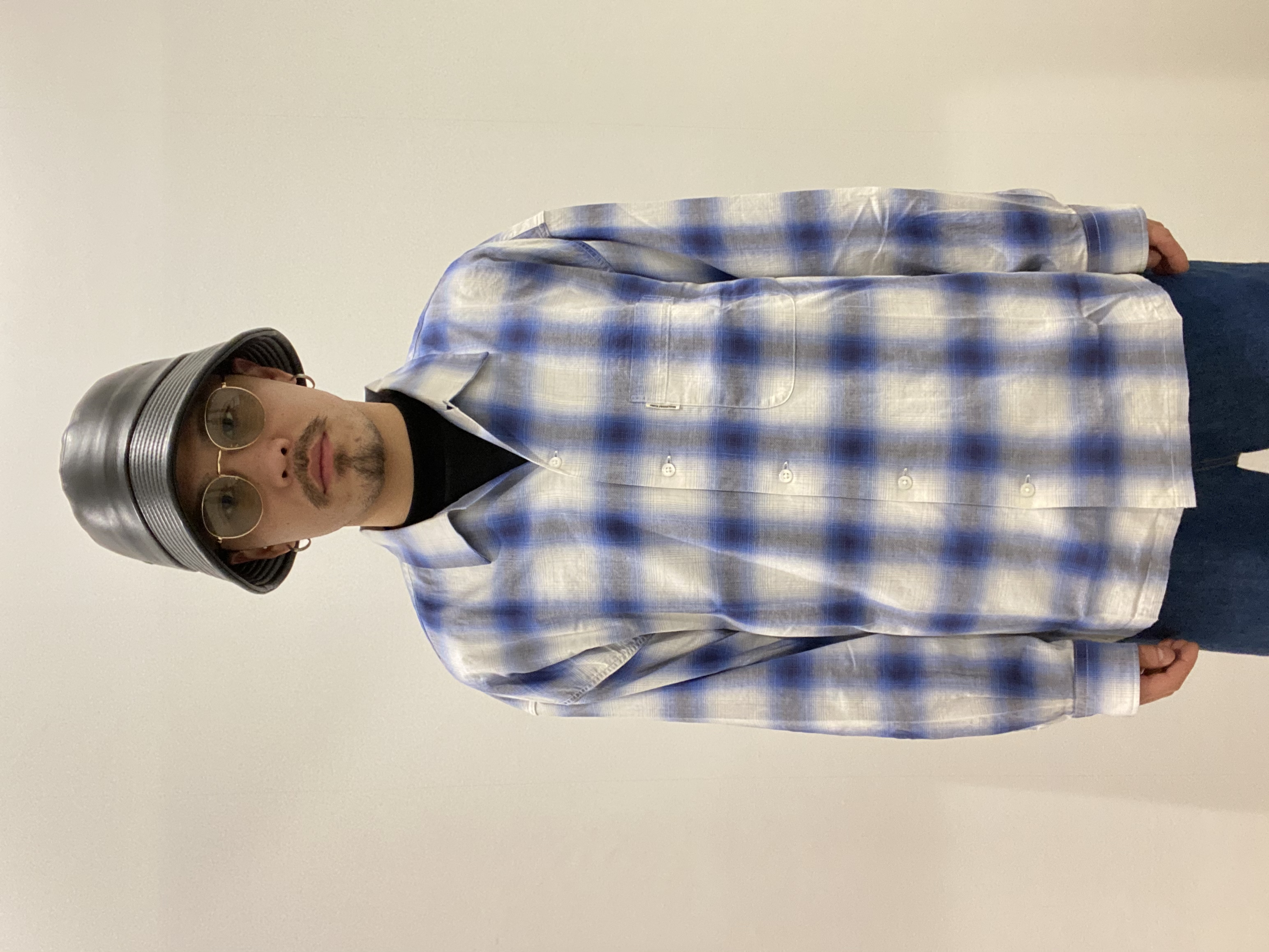 COOTIE / Ombre Check Open Collar Shirt -Off White×Blue- | 80 