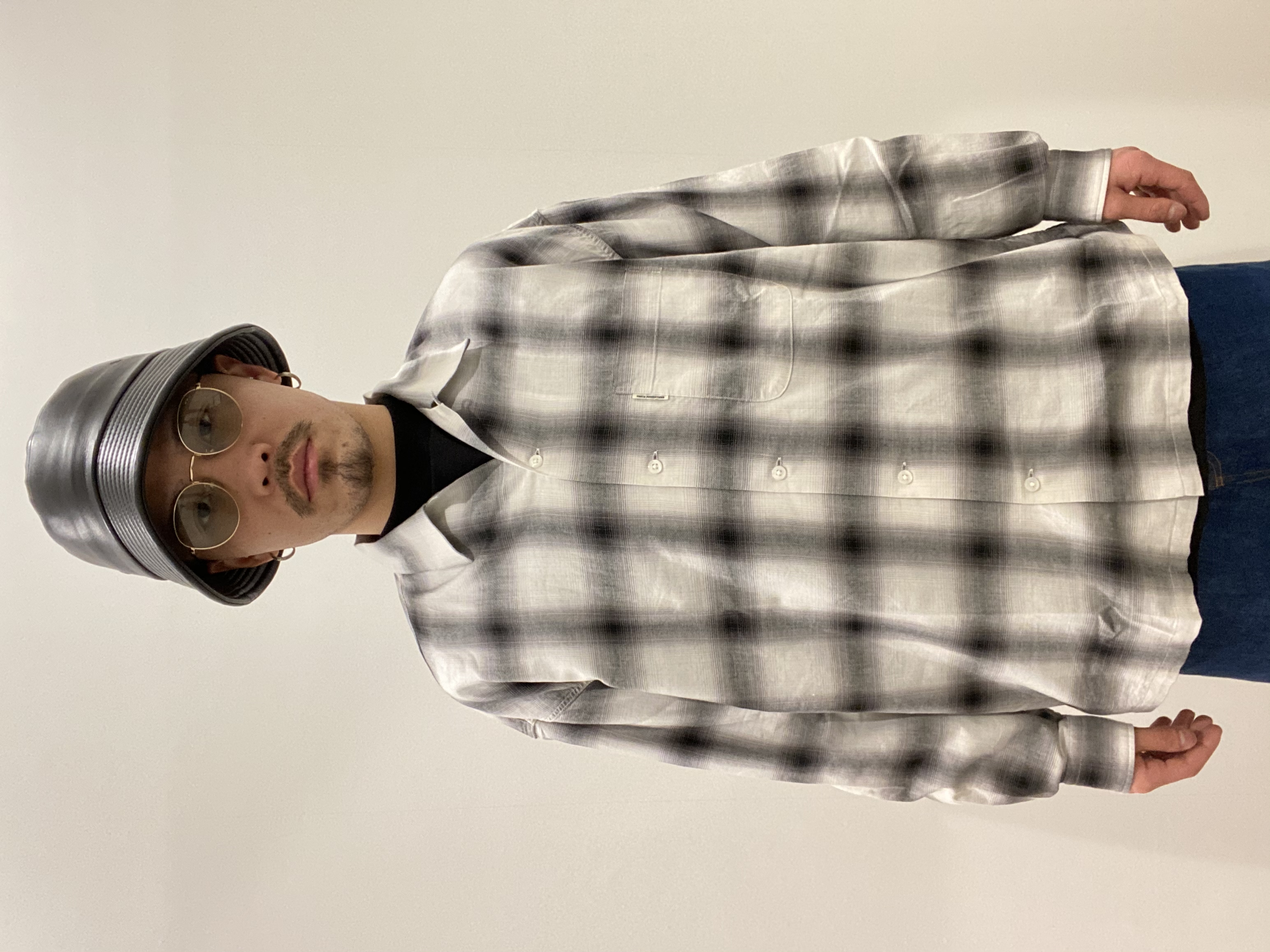 COOTIE / Ombre Check Open Collar Shirt -Black×Off White- | 80